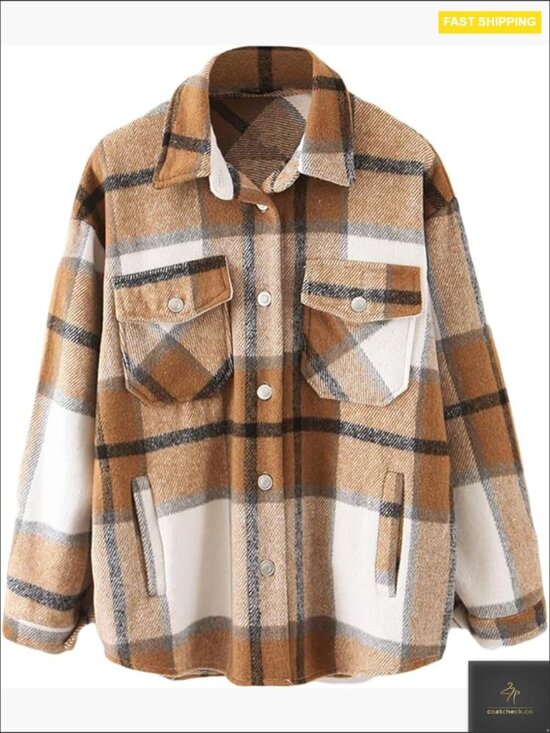 Jackets & Blazers - Oversized Plaid Button Down Jacket Flannel Shackets Cozy Casual Winter